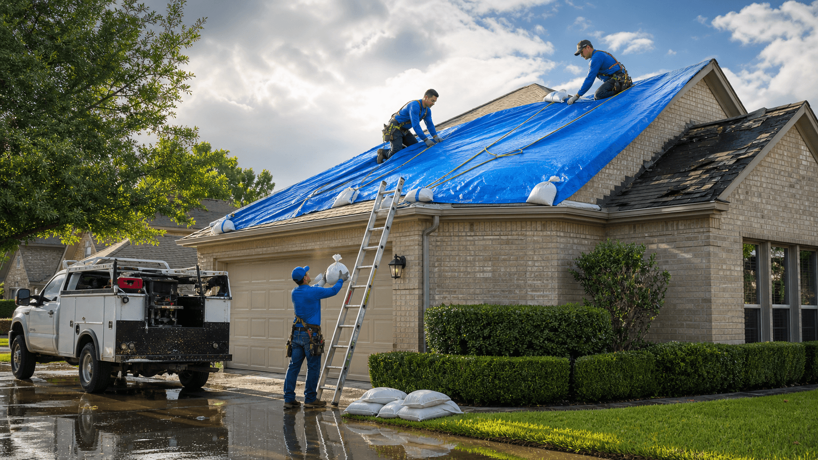Blue tarp covering a storm-damaged roof at night as rain falls, lit by a flashlight under dark Texas skies