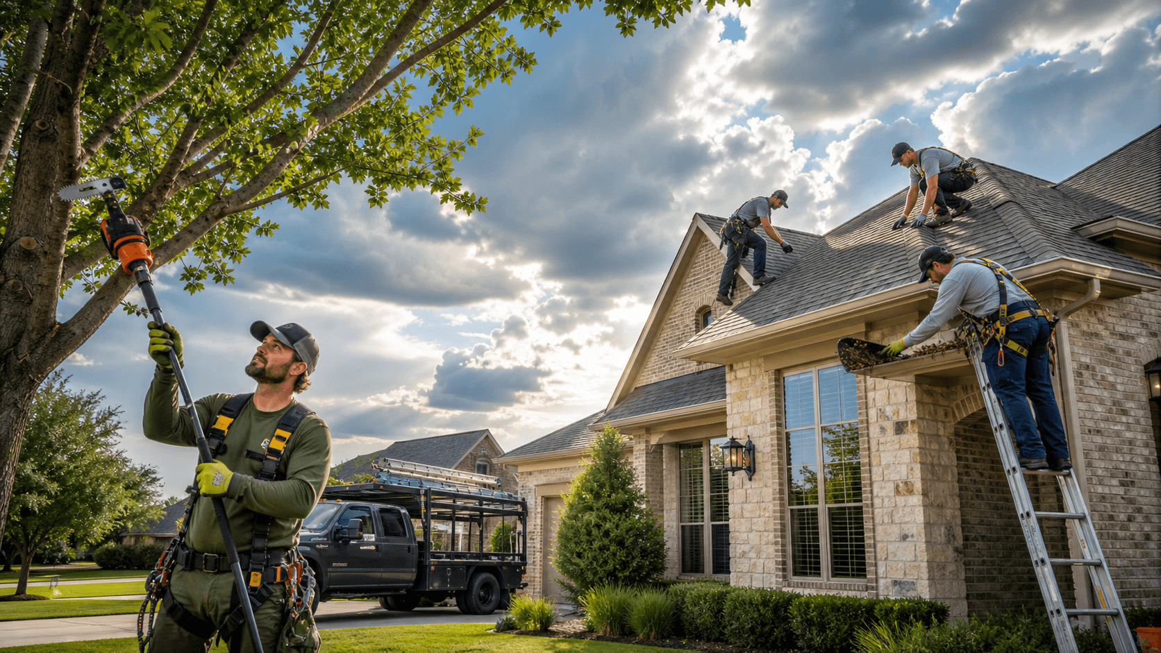 Suburban home under dark storm clouds, with ladders on the roof, cleared gutters, and trimmed tree branches nearby.