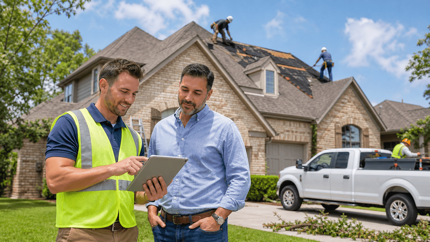 Two roofers inspect storm-damaged shingles on a suburban roof beneath a cloudy gray sky.