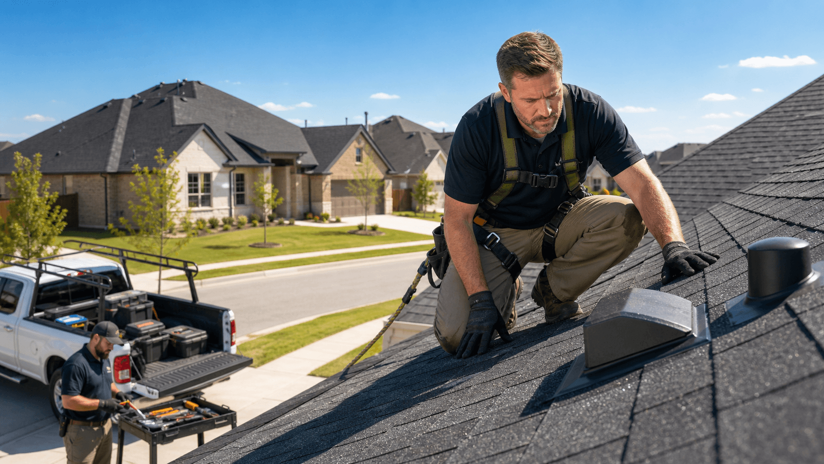 Dark storm clouds gather over a suburban roof as a roofer inspects shingles near a ladder.