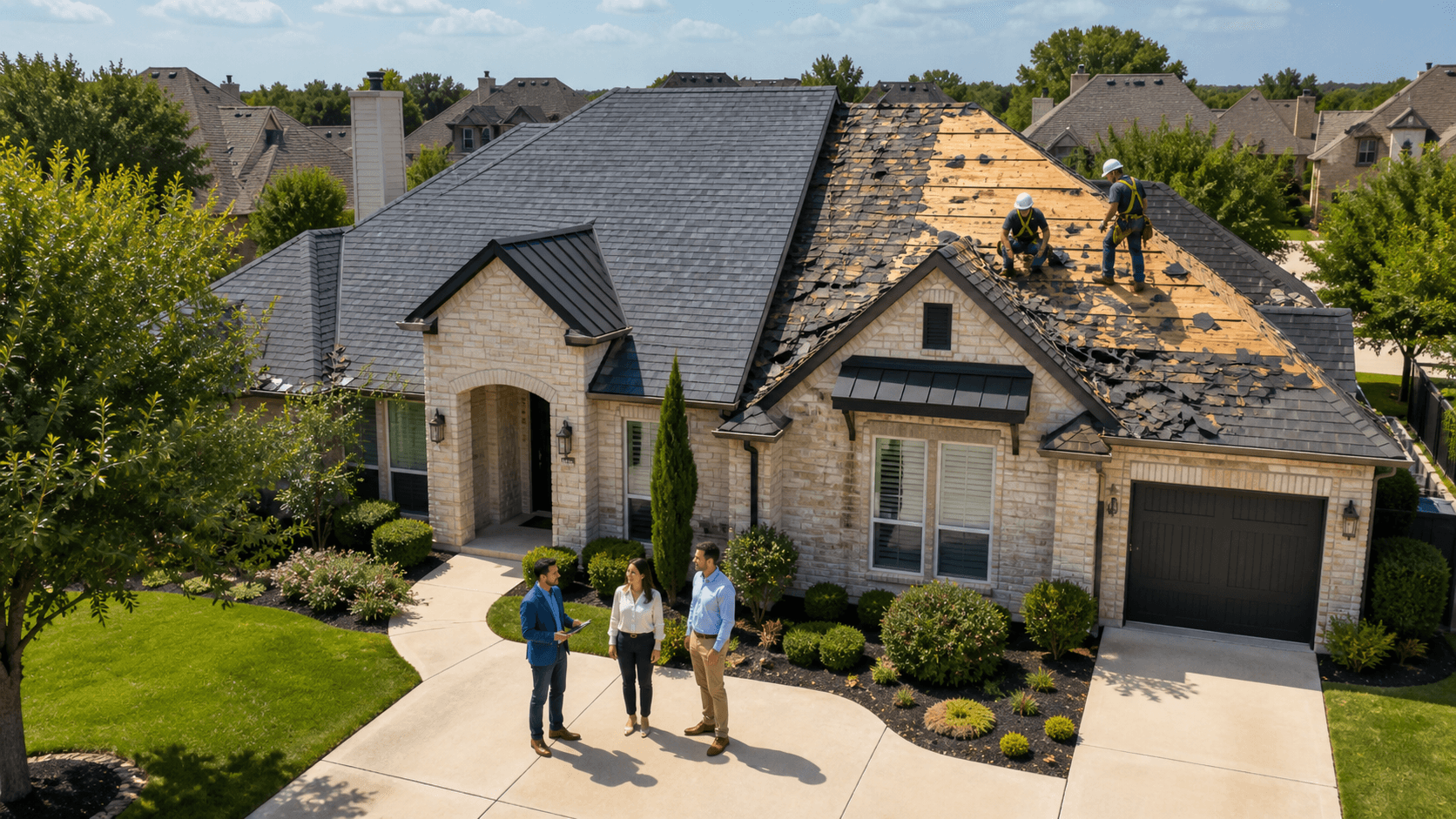 Storm-damaged roof with missing shingles beneath dark clouds, overlooking a bright suburban neighborhood.