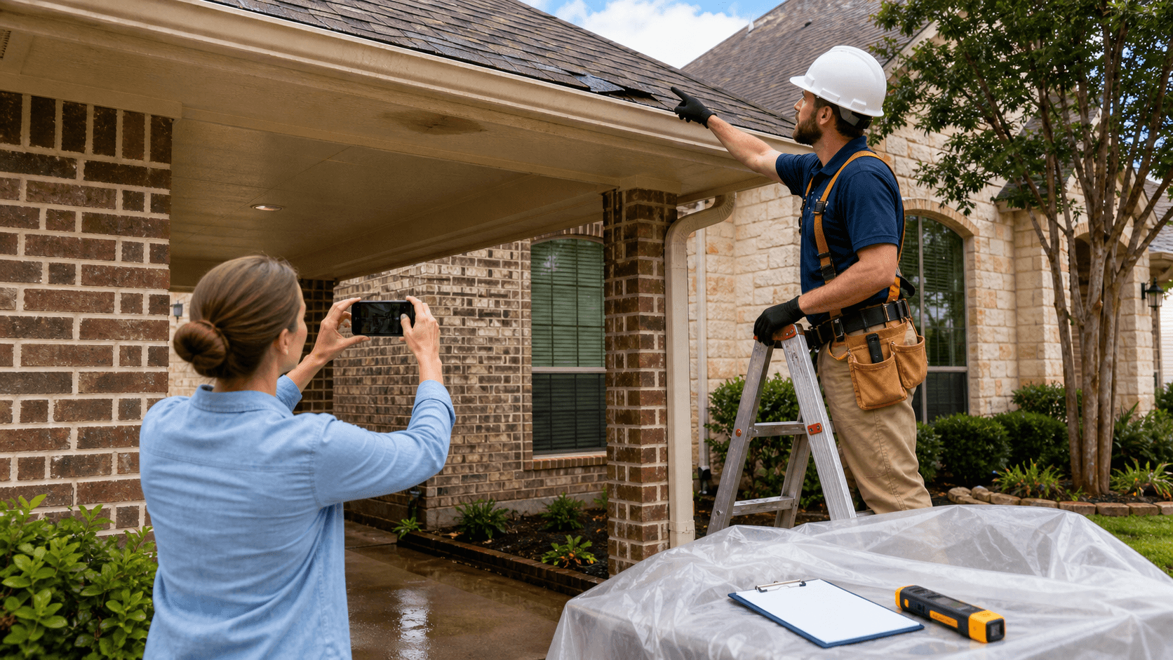 Close-up of a wet, damaged roof with a homeowner photographing the leak under a gray stormy sky.